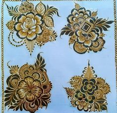 four different designs are shown on the side of a blue sheet with gold trimmings