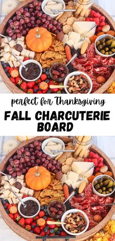 the perfect thanksgiving fall charcuterie board is shown in two separate images with text overlay