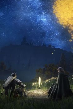 two people sitting in the grass looking up at the night sky with stars above them