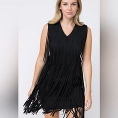 Black V Neck Suede Fringed Sleeveless Dress Fabric: 92% Poly 8% Span Also Available In Plus Cocktail V-neck Mini Dress With Fringe, Fringe V-neck Dress For Night Out, V-neck Fringe Mini Dress For Night Out, Cocktail Mini Dress With Fringe And V-neck, Black Sleeveless V-neck Dress For Date Night, Black Sleeveless V-neck Dress For Cocktail, Black Sleeveless V-neck Cocktail Dress, Cocktail Dress With Fringe And V-neck, Elegant V-neck Dress With Fringe For Cocktail