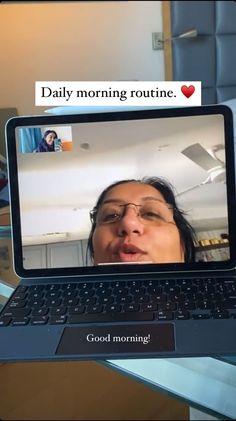 a woman is on her laptop with the caption daily morning routine god's morning