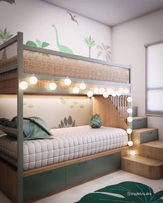 a bedroom with a bunk bed, stairs and green plants on the wall behind it