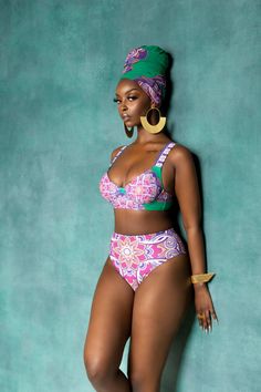 Green Swimsuit Bikinis, Green Swimsuit, Cup Sizes, High Waist Bottoms, Swim Suit Bottoms, Swimsuit Tops, African Print, Bra Sizes, 2 Piece