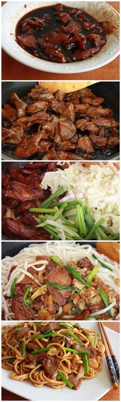 four different plates with food on them and some chopsticks