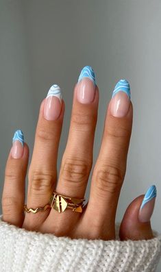 Nails Acrylic Almond Short French Tip, Beachy Nail Inspo Almond, Wave French Tip Nails, Sky Blue French Tip, Beachy Nail Designs, French Nails Design, Blue French Tip Nails, Blue French Tip