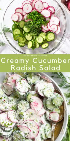 the ingredients for creamy cucumber radish salad are shown in separate bowls