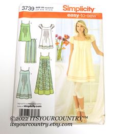 "Simplicity 3739 womens sewing pattern dress in 3 lengths, tunic and capri pants Misses and Miss Petite size 4-12 uncut factory folded from itsyourcountry on etsy ships from USA Simplicity 3739 - sewing pattern: dress in three lengths or tunic and capri pants Size: Misses'/Miss Petite Size D5: 4, 6, 8, 10, 12 - Multi-sized  Bust 29 1/2\" to 34\" Waist 22\" to 26 1/2\" Hip 31 1/2\" to 36\" ~ Dress and tunic with back zipper ~ Capri pants with zipper ~ View photos of back of envelope using the zoo Pants Sewing Pattern, Simplicity Sewing, Ropa Diy, Couture Vintage, Simplicity Sewing Patterns, Sewing Pattern Sizes, Simplicity Patterns, Dress Sewing Pattern, Summer Trends