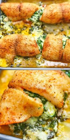 two pictures of chicken and spinach in a casserole dish