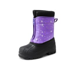 a child's purple and black snow boot with stars on the inside, side view