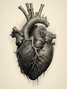 a black and white drawing of a human heart