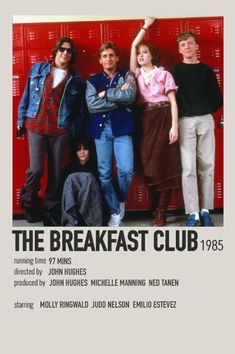 the breakfast club poster with four people standing in front of a red wall