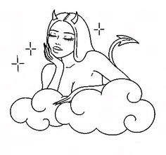 a drawing of a woman sitting on top of a cloud with her head in the clouds