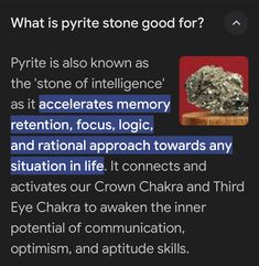 a text message with an image of a rock and the words what is pyrite stone good for?