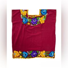 Amazing Colorful Handmade Mexican Top Blouse, With Huge Flowers! Made In Chiapas Mexico, Machine Washer Safe. Sleeves Are Very Short,Fresh Cotton-Blend Fabric, Colorful Embroidery. Red Bohemian Crew Neck Blouse, Red Floral Embroidered Crew Neck Top, Red Crew Neck Blouse With Floral Embroidery, Red Cotton Top With Embroidered Neckline, Red Folk Tops With Floral Embroidery, Red Short Sleeve Blouse With Embroidered Neckline, Red Cotton Blouse With Embroidered Neckline, Red Summer Tops With Embroidered Border, Traditional Red Tops With Embroidered Neckline