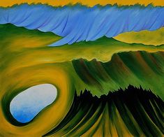 an abstract painting of green and blue waves