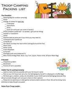 a printable camping checklist with the words,'troop camping packing list '