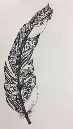 a black and white drawing of a feather