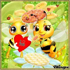 two little bees are holding a heart shaped object in front of some flowers and leaves