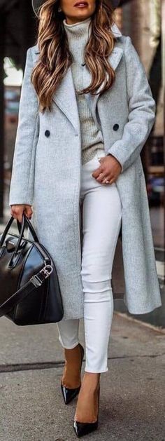 White Outfit Winter, Winter Outfits 2019, Gray Coat, Mode Tips, White Outfit, Trend Fashion, Outfits Casual, Jennifer Lawrence