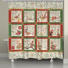 a christmas themed shower curtain hanging on a wall