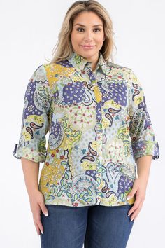 This is a plus size style. This Indian inspired ethnic style printed shirt is made from 100% natural cotton and features a beautiful patchwork of colorful paisley floral prints. It is printed on a high-quality light-weight cotton voile fabric, with luxurious velvet trim on the lining of the collar and buttons. Model is 5’7”- wearing size 1XModel Bust: 36" Hand-wash cold, lay flat to dry.Made in India. Relaxed Fit Multicolor Cotton Blouse, Cotton Paisley Print Patterned Tops, Multicolor Cotton Blouse With Floral Patchwork, Casual Cotton Blouse With Floral Patchwork, Casual Multicolor Blouse With Printed Motifs, Cotton Blouse With Vibrant Print, Casual Patterned Blouse With Floral Patchwork, Casual Multicolor Paisley Print Shirt, Multicolor Paisley Print Shirt For Spring