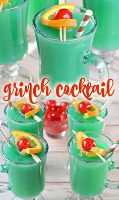 green cocktails with fruit garnish in them and the words, grin cocktail