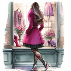 a woman standing in front of a window with high heels and a pink coat on