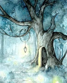 a painting of a tree with a lantern hanging from it's trunk