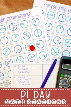 a calculator, pencil and paper with the words pi day math stations on it