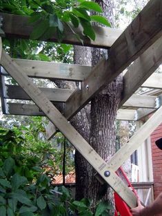 a person holding a pair of scissors in front of a wooden structure that is attached to a tree