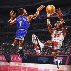 two basketball players in the air during a game