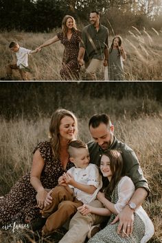 a family is sitting in the grass together