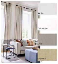 a living room with white curtains and neutral colors