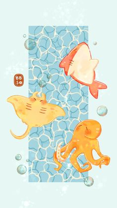 three different types of animals swimming in the water with bubbles and bubbles on it's sides