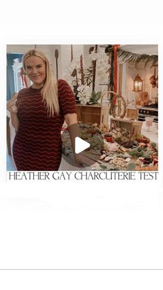 a woman standing in front of a table with food on it and the words heater gay character test