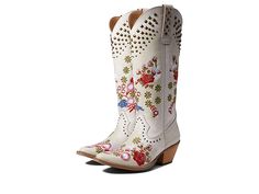 Dingo Poppy - Women's Shoes : White : Turn heads wearing the vibrant and playful Dingo Poppy high boots, perfect to spruce up any look! Leather upper. Man-made lining and removable cushioned insole. Pull-on style. Pointed square toe and block heel. Pull loops for easy wear and removal. Allover embroidered floral pattern. Metallic stud embellishment for added style. Man-made outsole with high traction and durability. Imported. Measurements: Heel Height: 2 in Weight: 1 lb 5 oz Circumference: 15 in Spring Boots With Reinforced Heel And Medium Width, Spring High Ankle Boots With Reinforced Heel, Spring Knee-high Heeled Boots With Reinforced Heel, Wide Calf Knee-high Boots With Reinforced Heel For Spring, Trendy Spring Boots With Block Heel, Trendy Wide Calf Boots For Spring, Spring Trendy Boots With Block Heel, Trendy Wide Calf Spring Boots, Spring Wide Calf Knee-high Boots