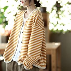 Animal Fur, Striped Sleeve, Cardigan Coat, Daily Outfits, Types Of Sleeves, Coats Jackets, Size Chart, Organic Cotton, Yellow