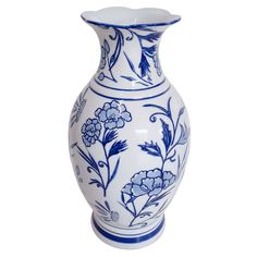 a blue and white vase with flowers on it's sides is shown against a white background