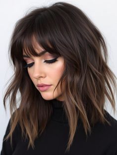 24 Stunning Winter Hairstyles with Bangs for 2025: Fresh Looks and Pro Tips Dark Hair Bangs Medium, Winter Medium Length Hair, Winter Hairstyles For Medium Hair, Winter Bangs, Dark Brown Hair With Bangs, Brunette With Bangs, Dark Hair With Bangs, Chocolate Cherry Brown Hair, Dark Hair Bangs