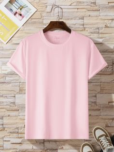 Baby Pink Casual Collar Short Sleeve Fabric Plain  Embellished Medium Stretch Summer Men Tops Mockup Camisa, Mock Up T Shirt, Plain Tee Shirts, Celebrity Fashion Looks, Rose Pale, Round Neck Tees, Shirt Mockup, Fashion Story, Men Clothing