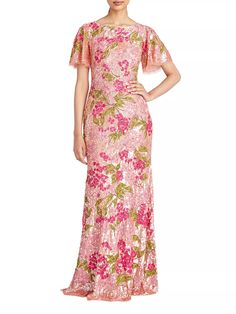 Shop Theia Adelina Floral Sequin Column Gown | Saks Fifth Avenue Colorful Florals, Mother Of Bride Dress, Bateau Neck, Vintage Gowns, White Dresses, Tall Model