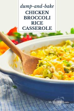 chicken broccoli casserole is in a blue dish with a wooden spoon