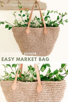 two baskets with plants in them hanging on the wall and text overlay that says easy market bag