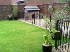 a small backyard with grass and fenced in area, including a potted plant