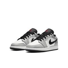 Nike Air Jordan 1 Low GS Light Smoke Grey 553560-030 Black Tongue, Jordan Low, Dr Shoes, Jordan Model, Nike Air Jordan 1 Low, Grey Color Palette, Limited Edition Sneakers, Nike Air Jordan 1, Air Jordan 1 Low