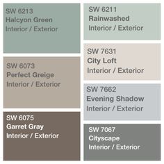 some gray and white paint colors with the names of different exterior styles on them, including two