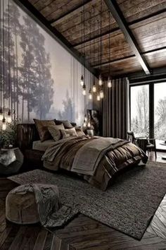 a large bed sitting in a bedroom next to a tall window with lots of lights hanging from it