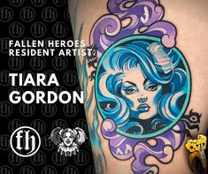 an image of a woman with blue hair on her thigh and the words fallen hero resident artist