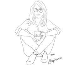 a drawing of a woman sitting on the ground holding a coffee cup with her legs crossed