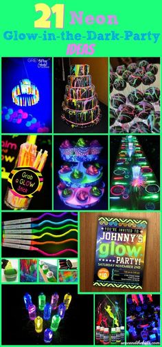 neon glow in the dark party flyer with pictures and instructions for each event, including an image